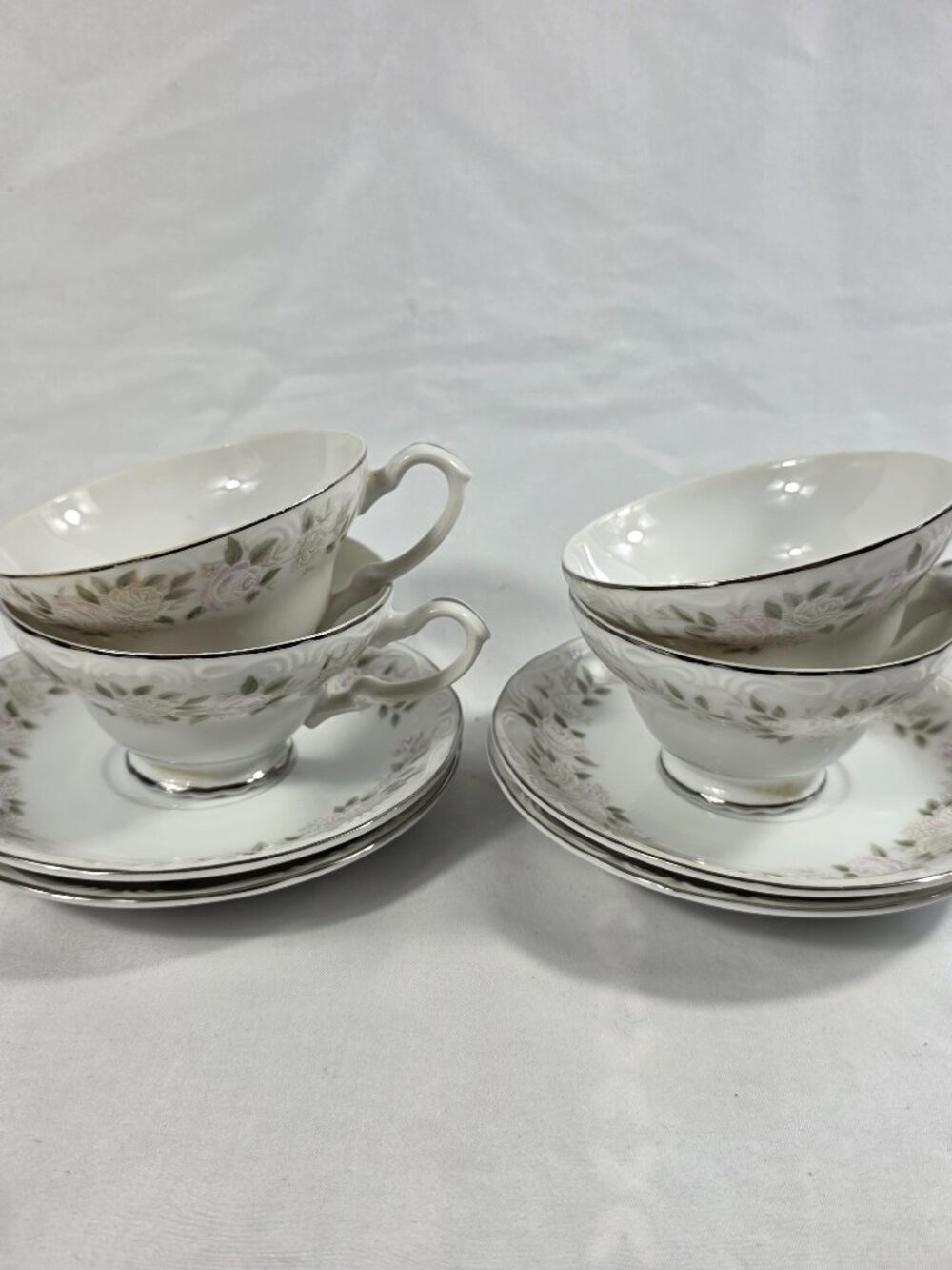 FOUR Sheffield 501 Classic Cup & Saucer Sets White with Pink Roses on the Rim